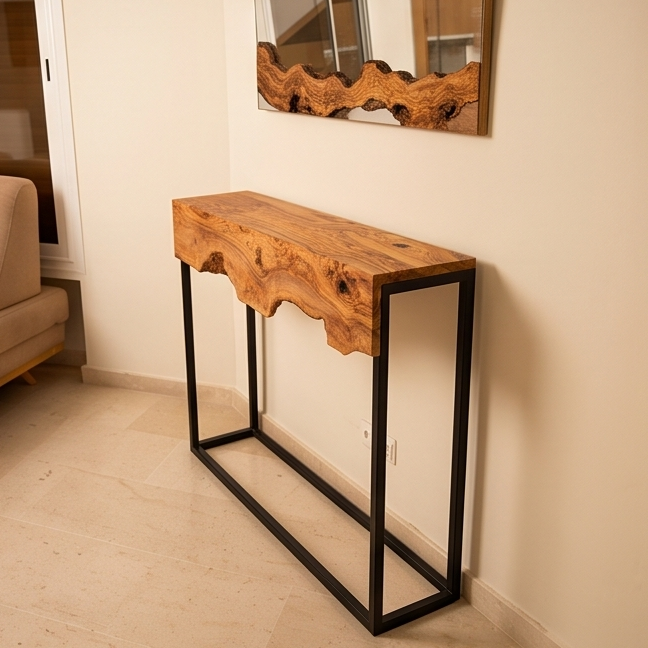 Luxury Live Edge Olive Wood Console Table & Mirror Set - Entryway Vanity