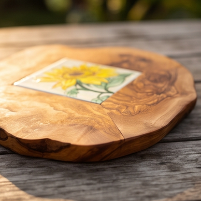 Plateau de service de restaurant en bois d'olivier rustique et céramique