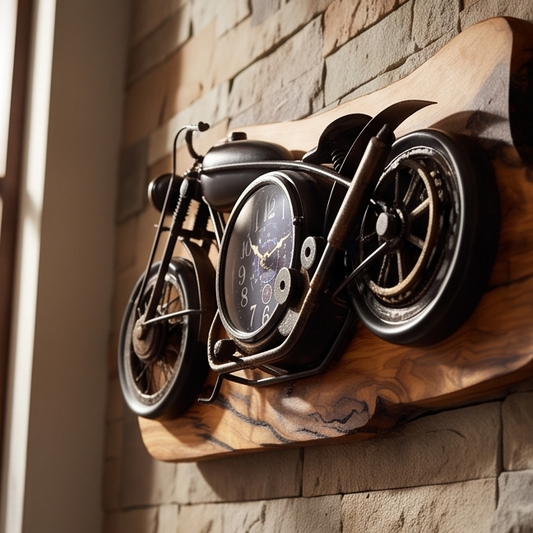 Motorcycle Olive Wood Clock | Vintage Luxury Wall Art