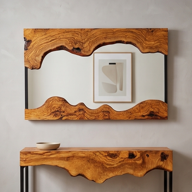 Luxury Live Edge Olive Wood Console Table & Mirror Set - Entryway Vanity