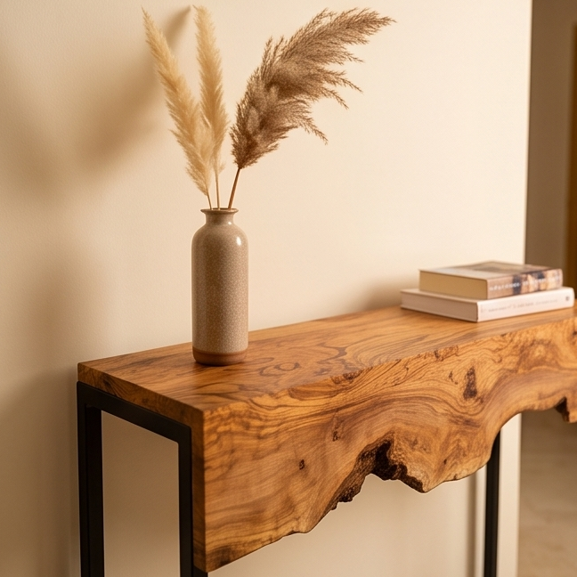 Luxury Live Edge Olive Wood Console Table & Mirror Set - Entryway Vanity