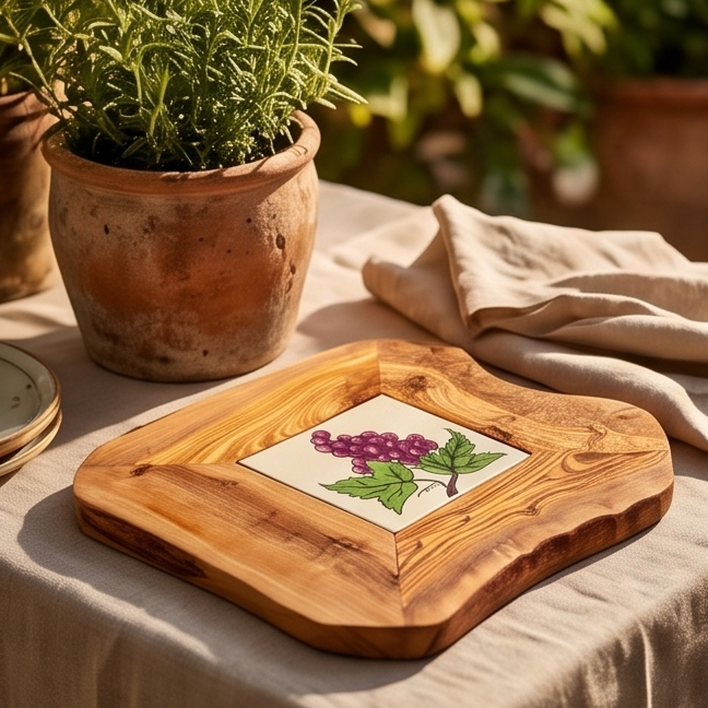 Plateau de service de restaurant en bois d'olivier rustique et céramique