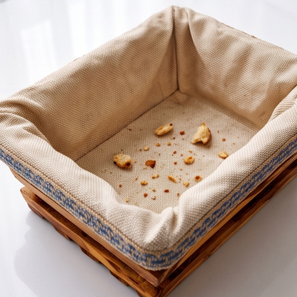 Panier à pain artisanal en bois d'olivier avec doublure en tissu amovible | Plateau rustique