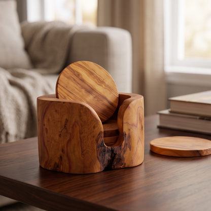 Ensemble de sous-verres en bois d'olivier fait main - Sous-verres ronds rustiques avec support