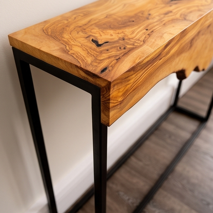 Luxury Live Edge Olive Wood Console Table - Slim Industrial Entryway Table