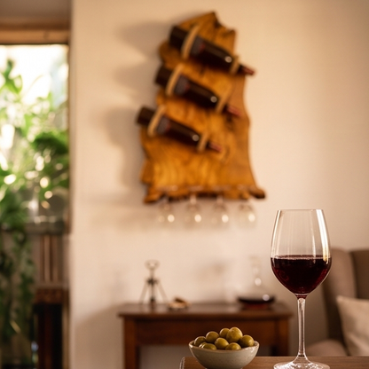 Bespoke Live-Edge Olive Wood Wall Wine Display & Sculptural Goblet Rack