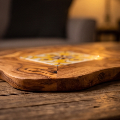 Plateau de service de restaurant en bois d'olivier rustique et céramique