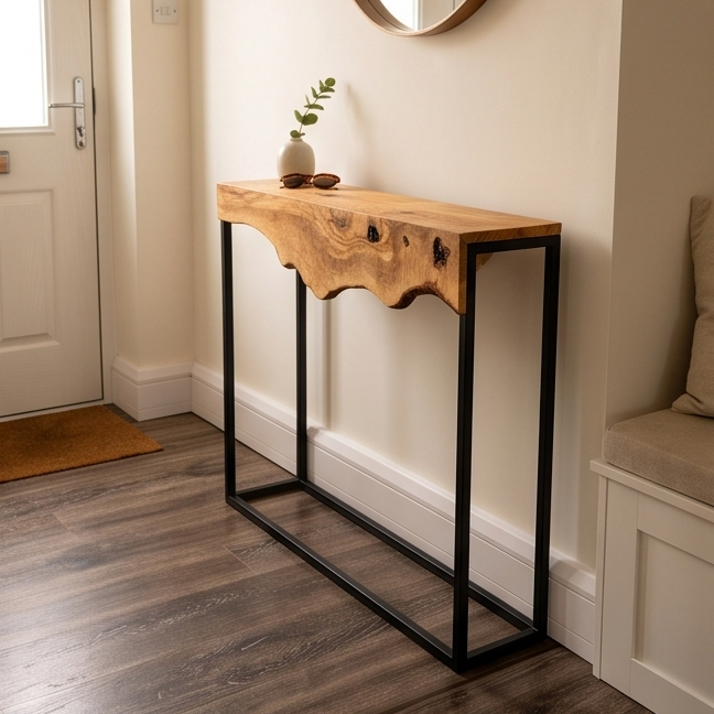Luxury Live Edge Olive Wood Console Table - Slim Industrial Entryway Table