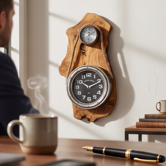 Olive Wood Wall Clock | Luxury Maritime Weather Station Decor
