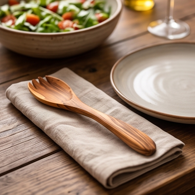 Olive Wood Large Salad Serving Set Of Wooden Spork & Spoon | Various Sizes