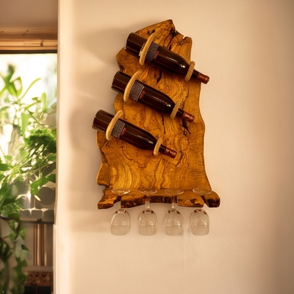 Bespoke Live-Edge Olive Wood Wall Wine Display & Sculptural Goblet Rack