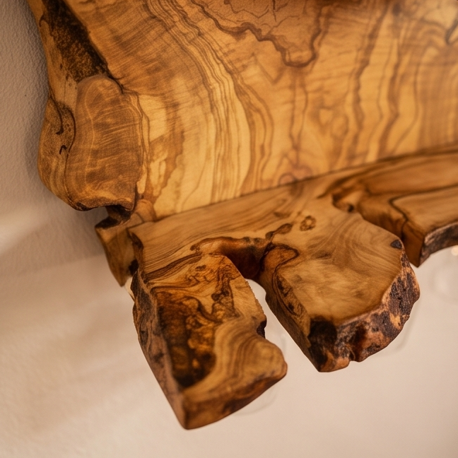Bespoke Live-Edge Olive Wood Wall Wine Display & Sculptural Goblet Rack