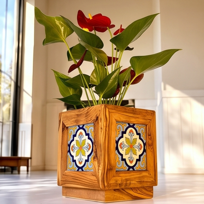 Olive Wood Handmade Wooden Planter with Tiles/Indoor and Outdoor Flower Box/Home and Garden