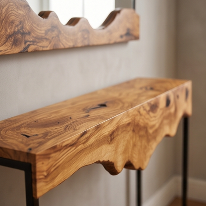 Luxury Live Edge Olive Wood Console Table & Mirror Set - Entryway Vanity