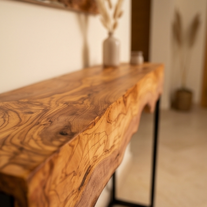 Luxury Live Edge Olive Wood Console Table & Mirror Set - Entryway Vanity