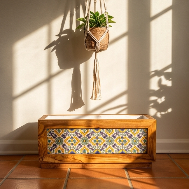 Olive Wood Handmade Wooden Planter with Tiles/Indoor and Outdoor Flower Box/Home and Garden