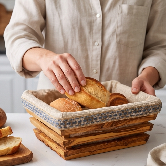 Panier à pain artisanal en bois d'olivier avec doublure en tissu amovible | Plateau rustique
