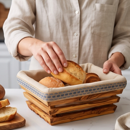 Panier à pain artisanal en bois d'olivier avec doublure en tissu amovible | Plateau rustique