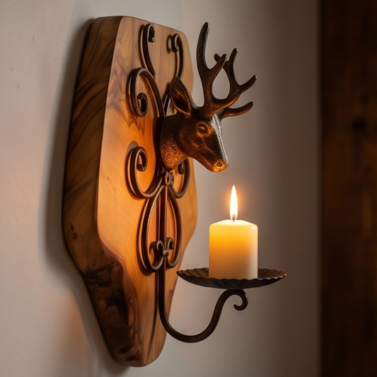Rustic Olive Wood Stag Candle Holder Wall Sconce | Luxury Live Edge Deer Decor