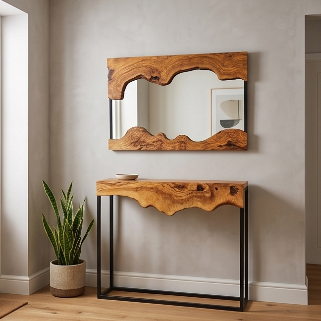 Luxury Live Edge Olive Wood Console Table & Mirror Set - Entryway Vanity