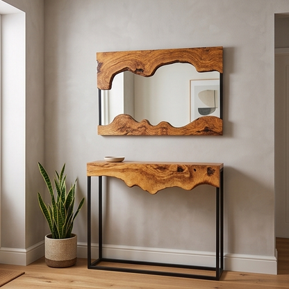 Hand made olive wood mirror and console table set