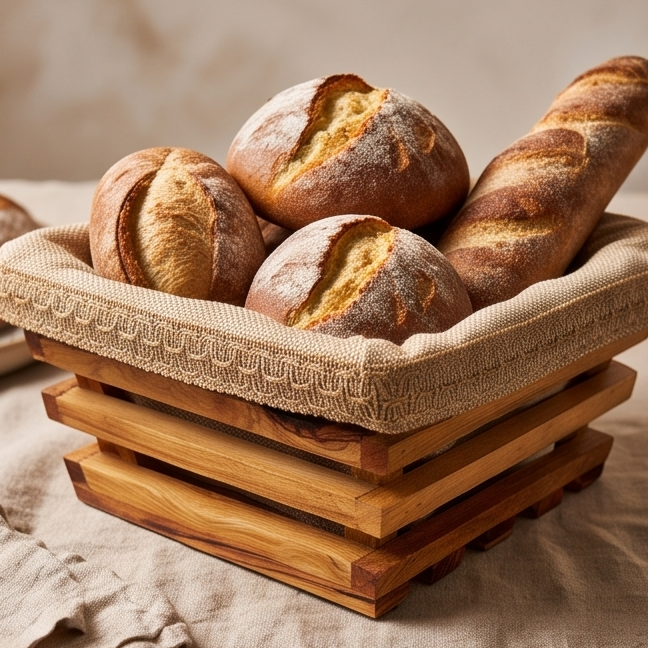 Corbeille à pain artisanale en bois d'olivier avec doublure en tissu amovible | Plateau rustique