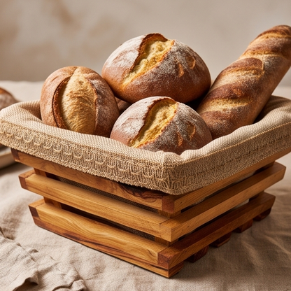 Corbeille à pain artisanale en bois d'olivier avec doublure en tissu amovible | Plateau rustique