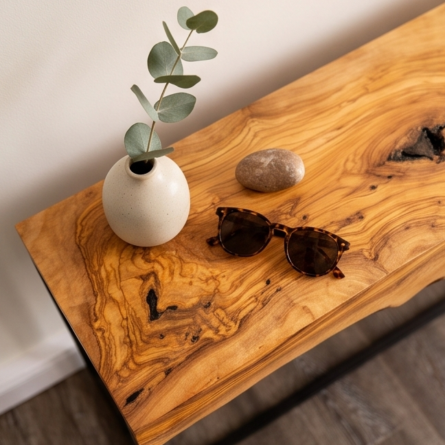 Luxury Live Edge Olive Wood Console Table & Mirror Set - Entryway Vanity