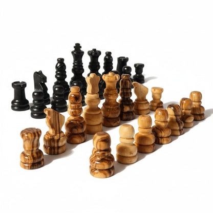 Small Handcrafted Olive Wood Chess Pieces Set of 32 - Premium Chessmen 5.7cm