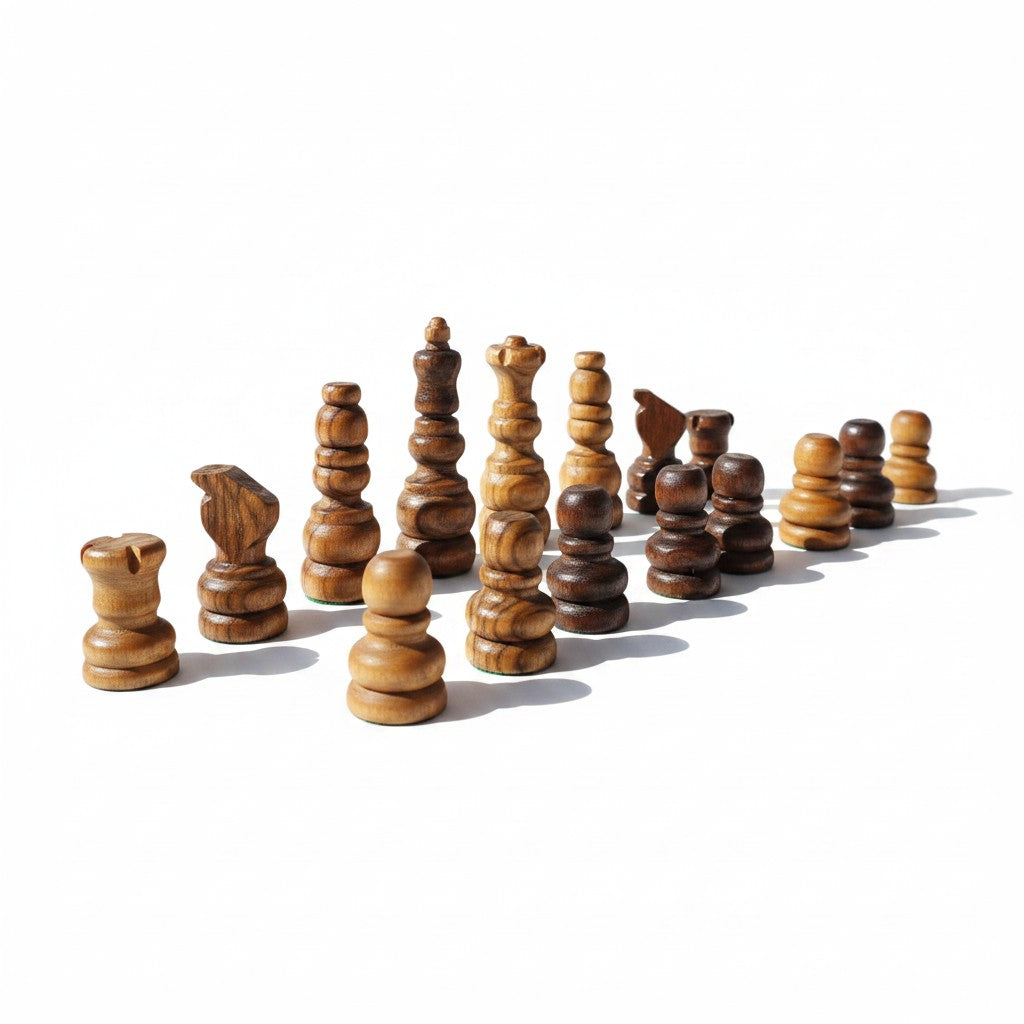Small Handcrafted Olive Wood Chess Pieces Set of 32 - Premium Chessmen 5.7cm