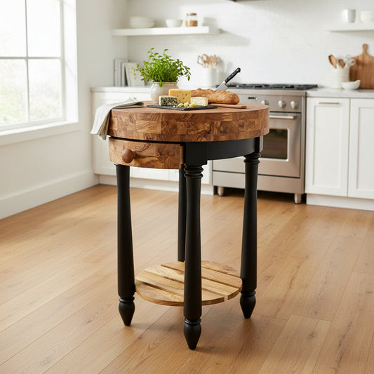 Round Olive Wood Kitchen Island Cart - Luxury Butcher Block Food Prep Station