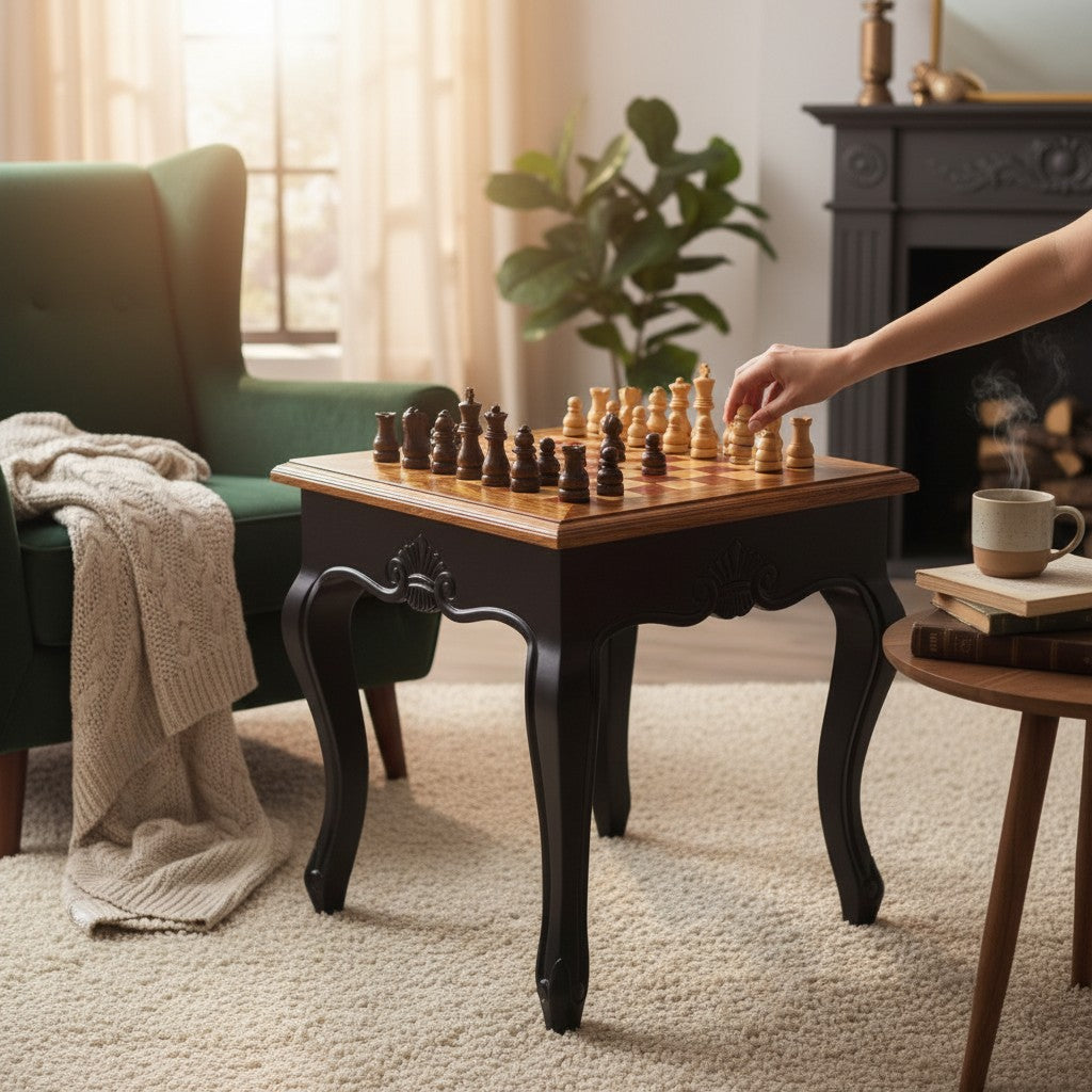 Luxury Square Olive Wood Chess Table - Elegant Handcrafted Side Table 45x45cm