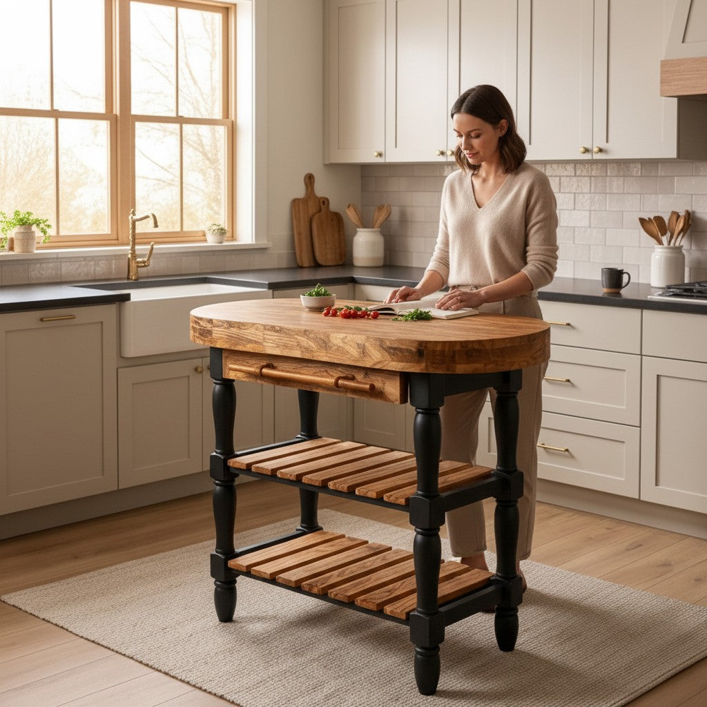 Luxury Oval Olive Wood Kitchen Island Set - Prep Table with 2 Bar Stools