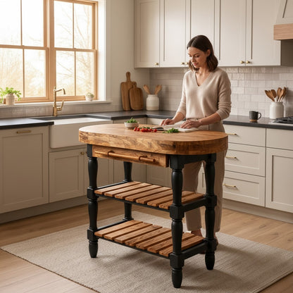Luxury Oval Olive Wood Kitchen Island Set - Prep Table with 2 Bar Stools