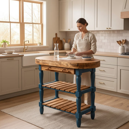 Luxury Oval Olive Wood Kitchen Island Set - Prep Table with 2 Bar Stools