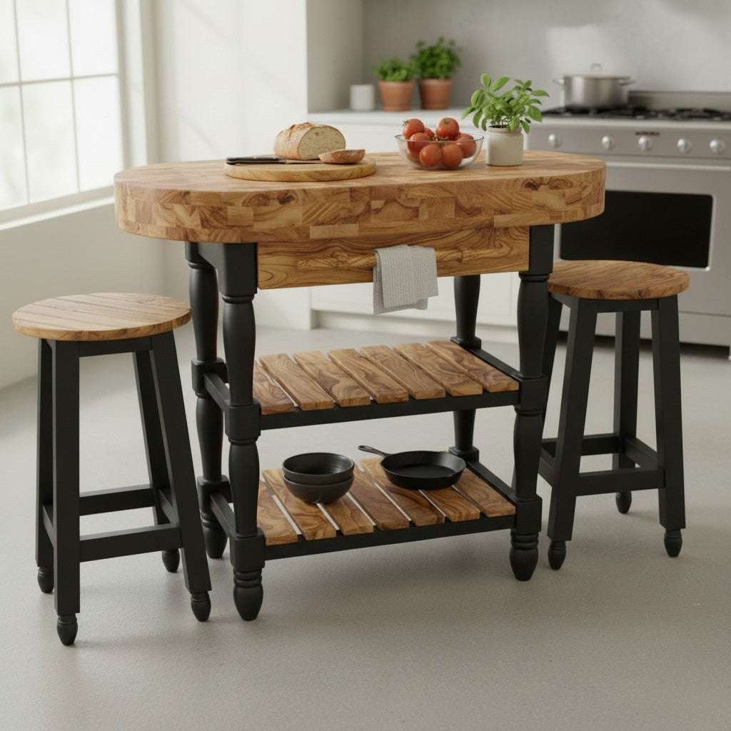 Luxury Oval Olive Wood Kitchen Island Set - Prep Table with 2 Bar Stools