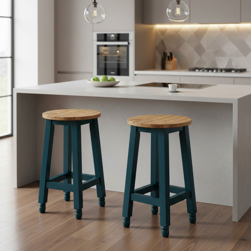 Luxury Oval Olive Wood Kitchen Island Set - Prep Table with 2 Bar Stools