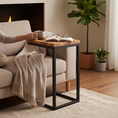 Luxury Olive Wood C-Shaped Side Table - Modern Slide Under Sofa Accent Table