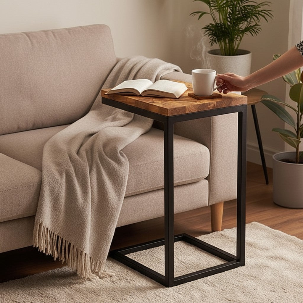 Luxury Olive Wood C-Shaped Side Table - Modern Slide Under Sofa Accent Table