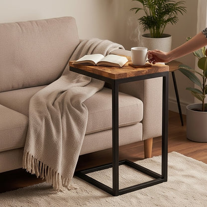 Luxury Olive Wood C-Shaped Side Table - Modern Slide Under Sofa Accent Table