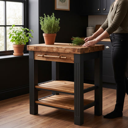 Premium Wooden Kitchen Island Cart - Compact Butcher Block Prep Station Table
