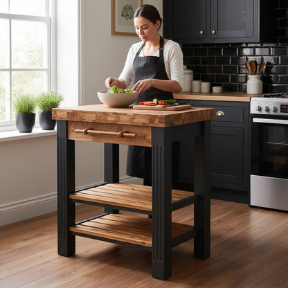 Premium Wooden Kitchen Island Cart - Compact Butcher Block Prep Station Table