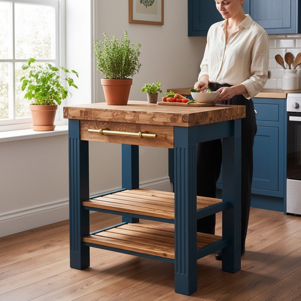 Premium Wooden Kitchen Island Cart - Compact Butcher Block Prep Station Table