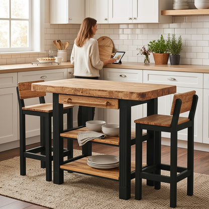 Luxury Wooden Kitchen Island Set with 2 Bar Stools - Storage Breakfast Bar Table