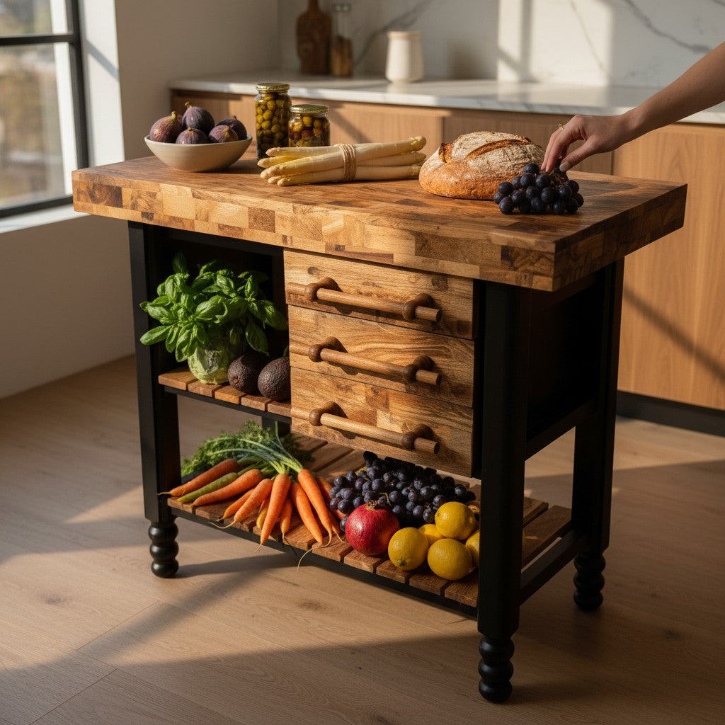 Premium Olive Wood Kitchen Island Cart - Large Butcher Block Prep Table 100cm
