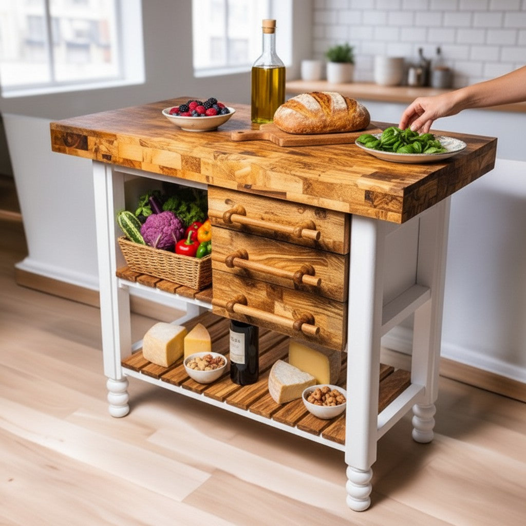 Premium Olive Wood Kitchen Island Cart - Large Butcher Block Prep Table 100cm