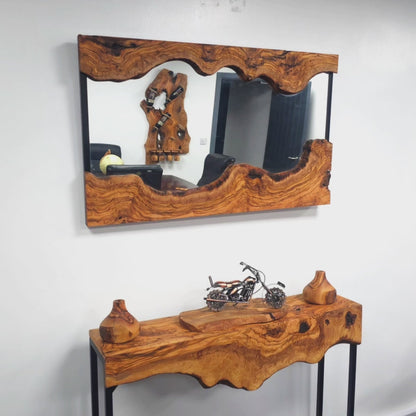 Hand made olive wood mirror and console table set