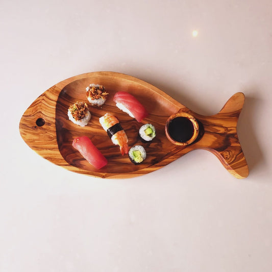 Hand-Finished Olive Wood Fish-Shaped Serving Board Set