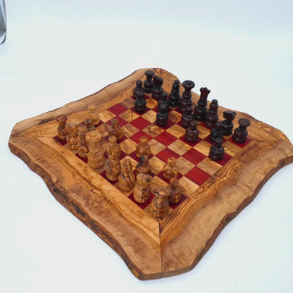Olive Wood Handcrafted Rustic Shaped Wooden Chess Board Set With Pieces | Unique Gift Idea For Chess Lovers