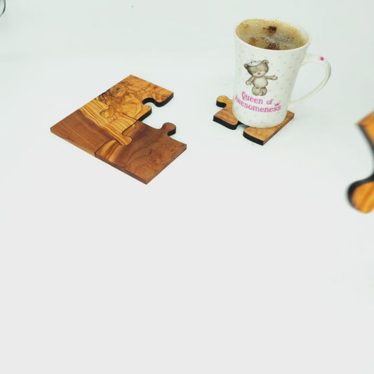 Olive Wood Puzzle Piece Wooden Coaster Set | Unique Gift Idea